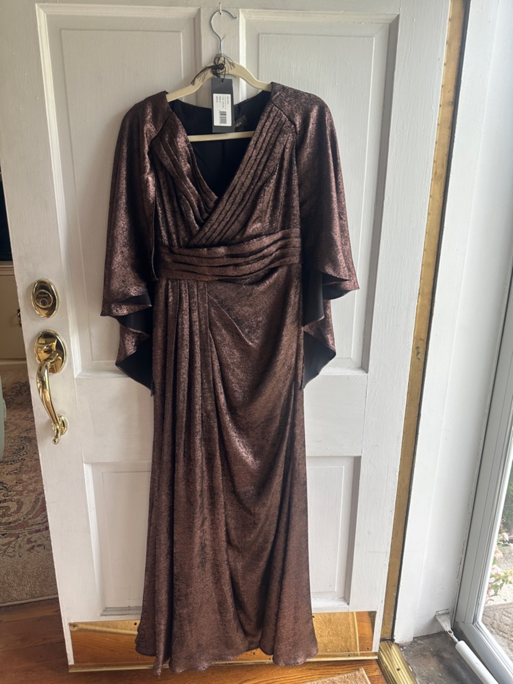 Metallic Bronze Evening Dress with Draped Waist